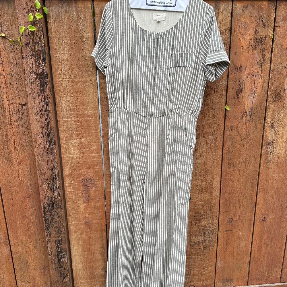 Everly Short Sleeve Jumpsuit, Linen Blend Grey and White Striped